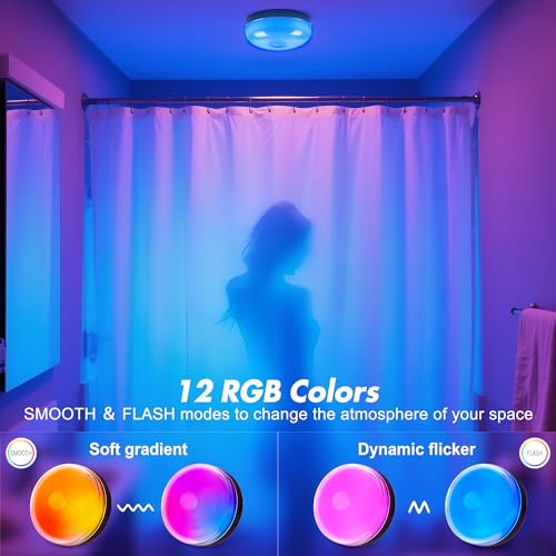 2-Pack Waterproof Shower Lights for Inside Shower, 15 RGBW Color Rechargeable Mood Lighting with Remote(Dimmable&Timer), LED Wireless Ceiling Light for Bathroom, Closet, Hallway, Stairs, Party Decor