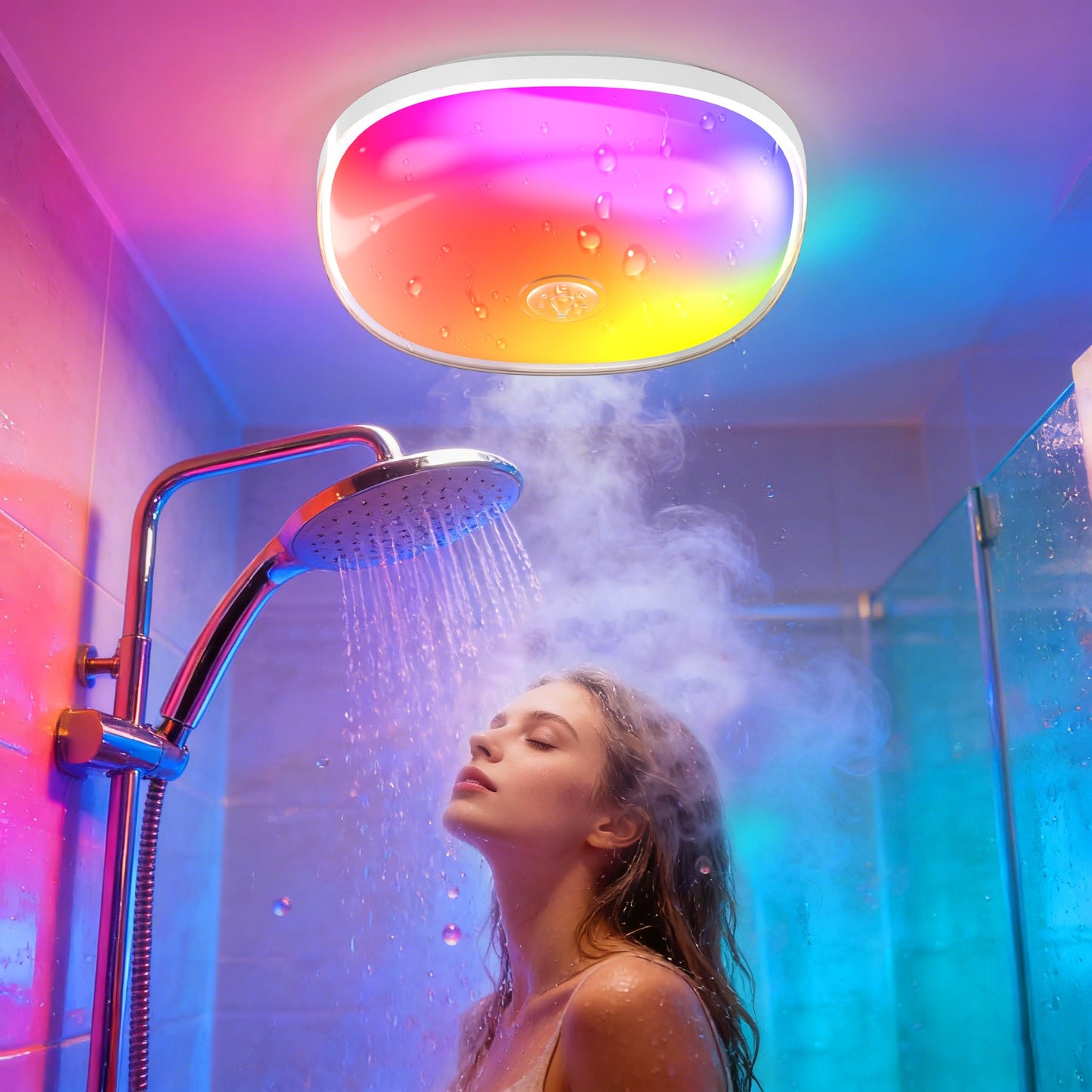 2PACK Rechargeable LED Shower Light, 15 RGB Colors Mood Lighting, Dimmable Ceiling Light for Bathroom Living Room Closet Bedroom