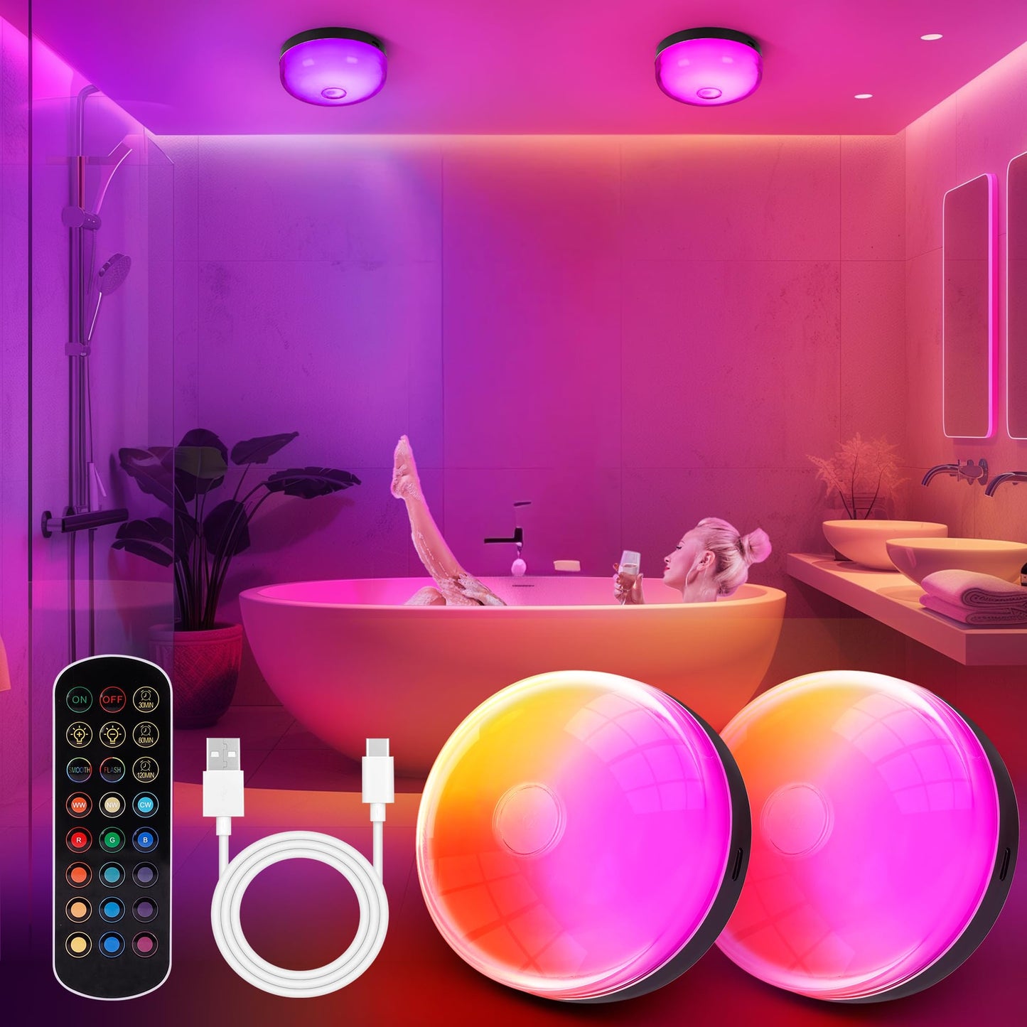 2PACK Rechargeable LED Shower Light, 15 RGB Colors Mood Lighting, Dimmable Ceiling Light for Bathroom Living Room Closet Bedroom