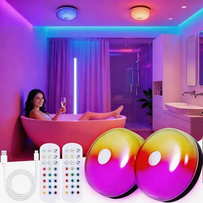 2PACK Rechargeable LED Shower Light, 15 RGB Colors Mood Lighting, Dimmable Ceiling Light for Bathroom Living Room Closet Bedroom