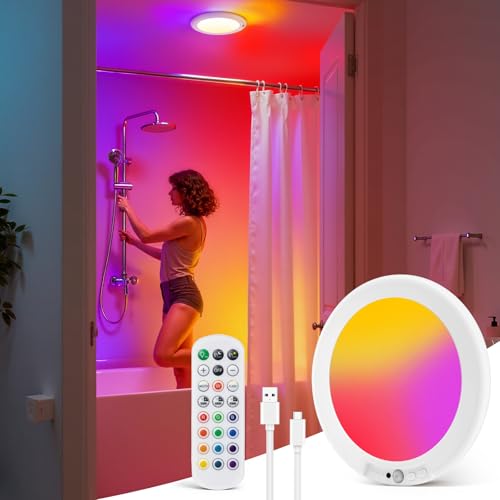 Rechargeable Shower Light with Remote, RGB Colors Changing & White Light for Shower, Shower Lights for Inside Shower with Motion Sensor, IP44 Waterproof Lights for Shower Closet Bedroom