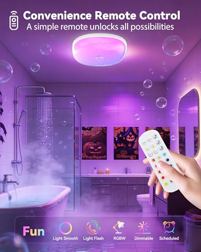 IP65 Waterproof Rechargeable Shower Light - 6″ 300LM Bright, 16 Colors Bathroom Mood Lighting with Touch & Remote, Magnetic Wireless Ceiling/Wall Light for Inside Shower/Bathtub