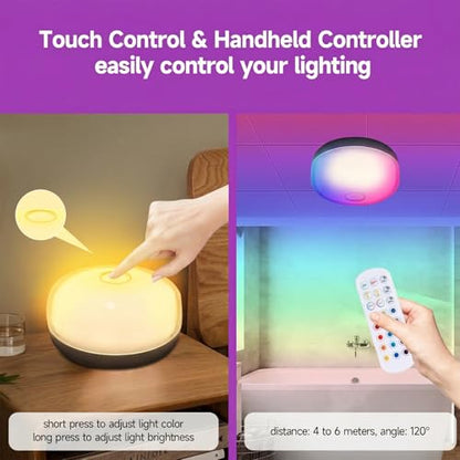 2PACK Rechargeable LED Shower Light, 15 RGB Colors Mood Lighting, Dimmable Ceiling Light for Bathroom Living Room Closet Bedroom